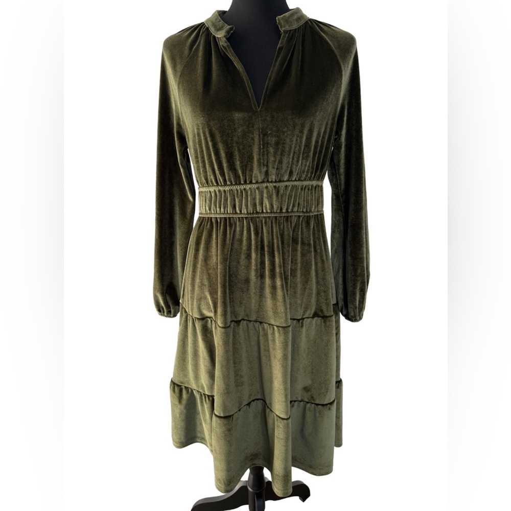 Chic Velvet Long Sleeve Dress in Olive Green